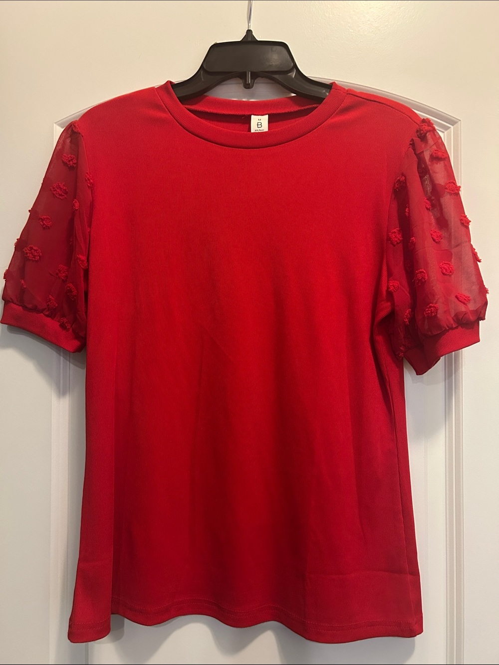 Women's Red Puff Sleeve Short Sleeve Top - Elegant Knit Tee - Picture 2 of 5